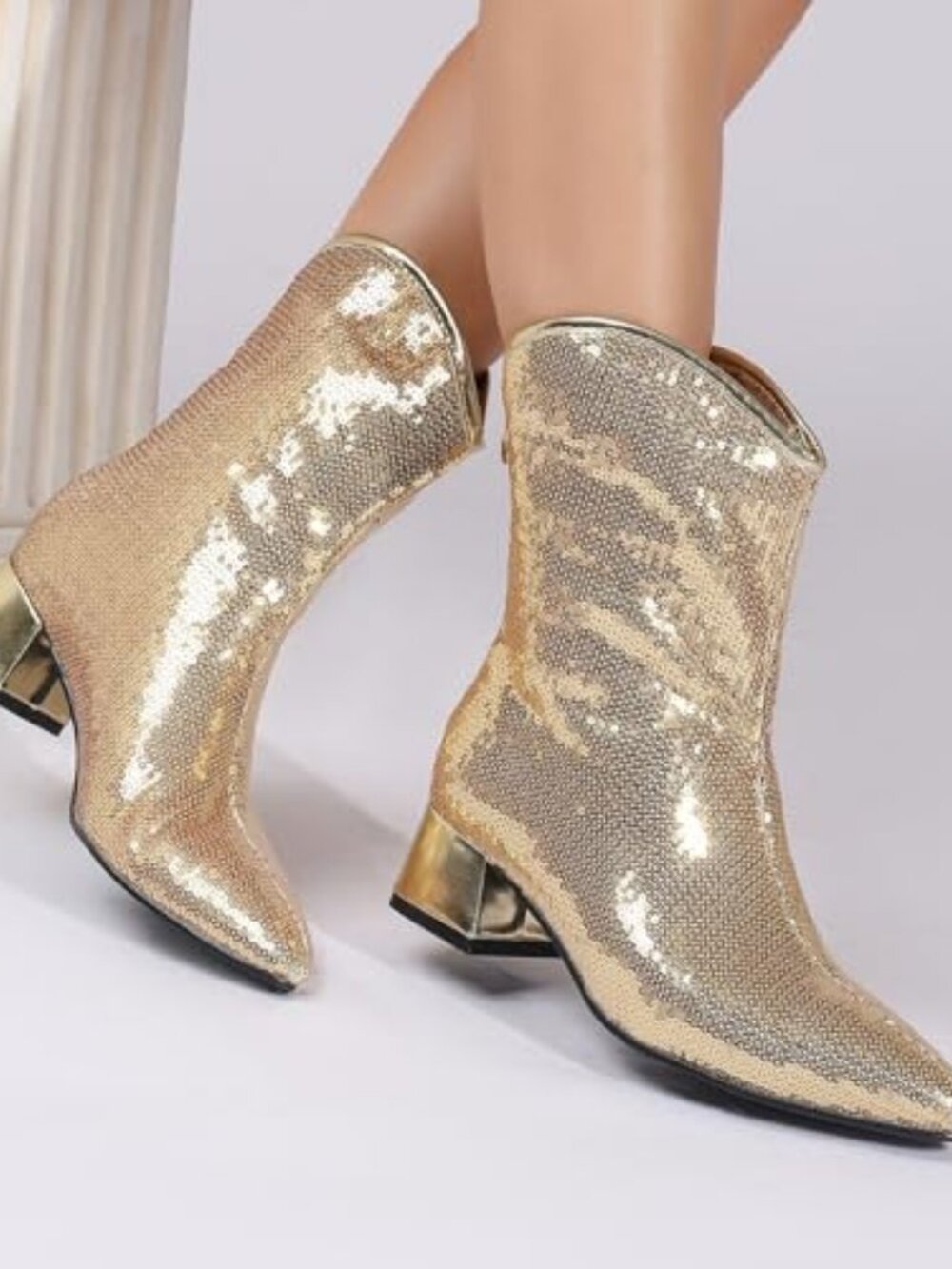 Women's Sequin Sparkly Ankle Boots Chunky Heels Zipper Sexy Pointed Toe Cowboy